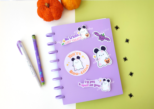 Waterproof Halloween die cut sticker featuring Daisyboo the ghost with the phrase "No tricks, just treats" in a pastel spooky-cute style.