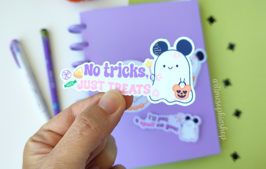 Waterproof Halloween die cut sticker featuring Daisyboo the ghost with the phrase "No tricks, just treats" in a pastel spooky-cute style.