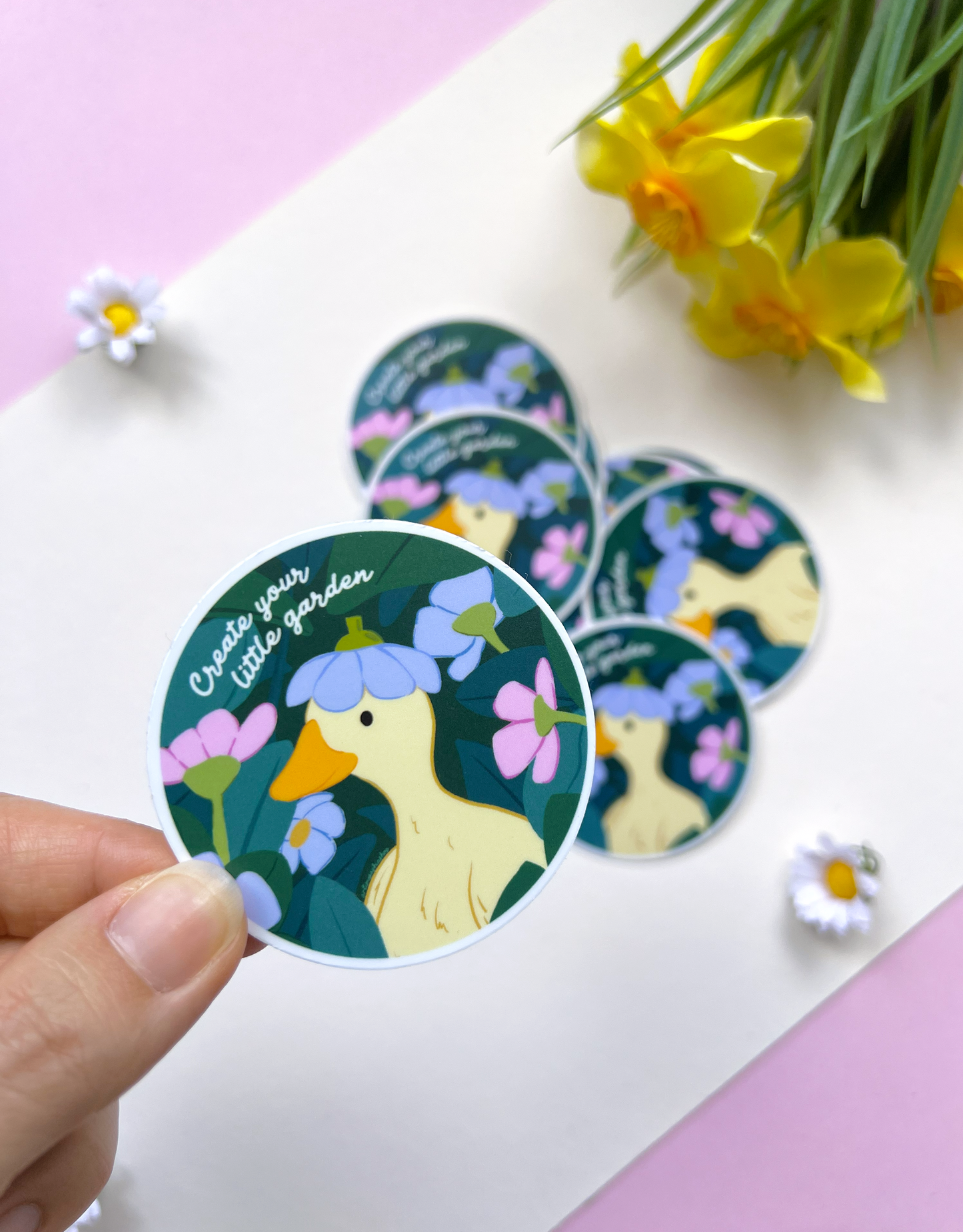 Waterproof floral duck sticker for journals, laptops and water bottles.
