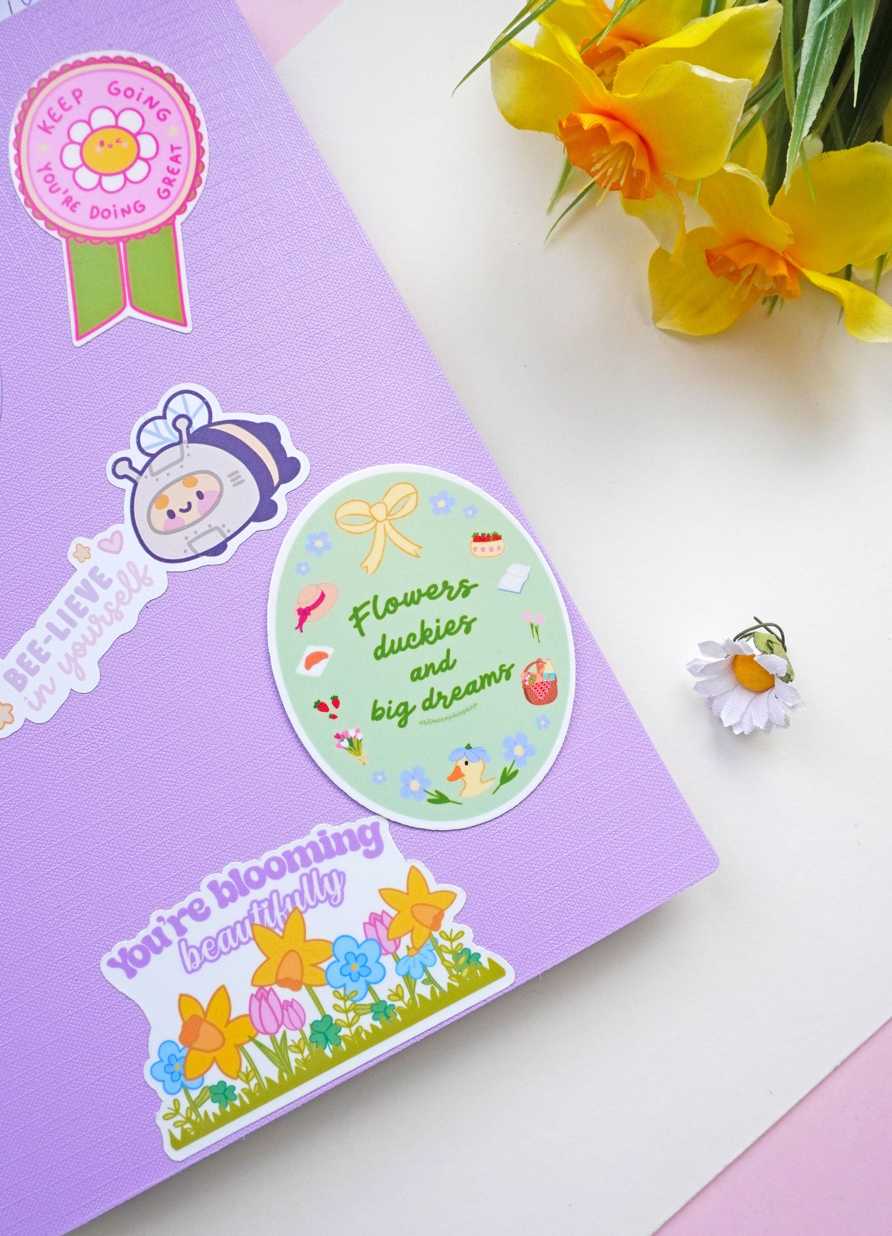 Cottagecore floral sticker featuring a duck and picnic-inspired illustrations