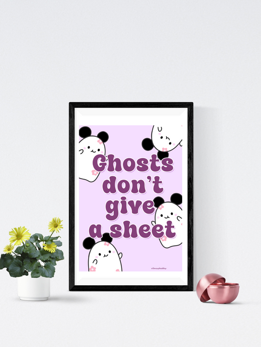 Pastel Halloween art print featuring Daisyboo the ghost with the funny phrase “Ghosts don’t give a sheet”, surrounded by magical and spooky-cute details.
