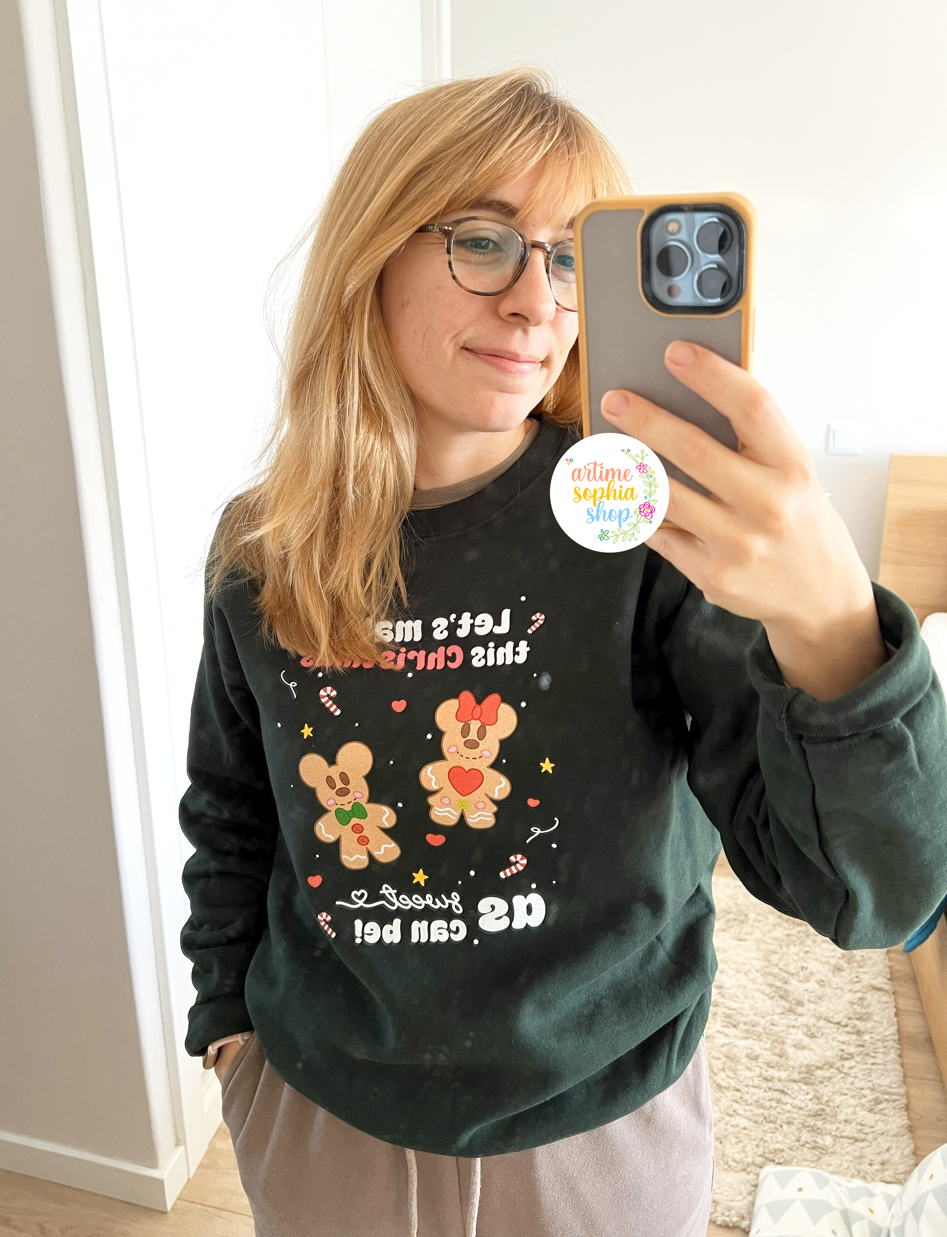 Featuring the ArtimeSophiaShop original illustration of Mickey & Minnie as gingerbread cookies and the phrase “Let’s make this Christmas as sweet as can be"