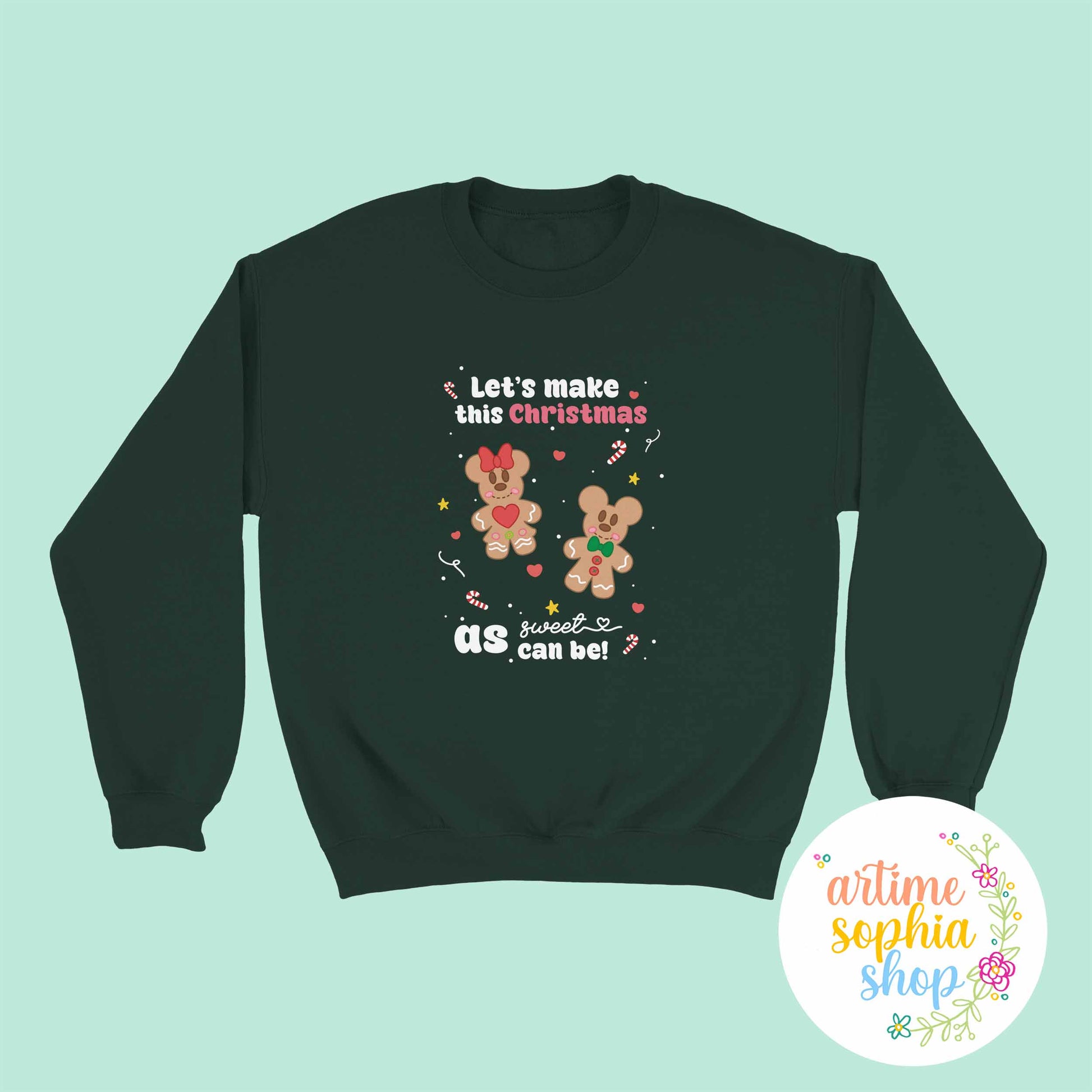 Featuring the ArtimeSophiaShop original illustration of Mickey & Minnie as gingerbread cookies and the phrase “Let’s make this Christmas as sweet as can be"