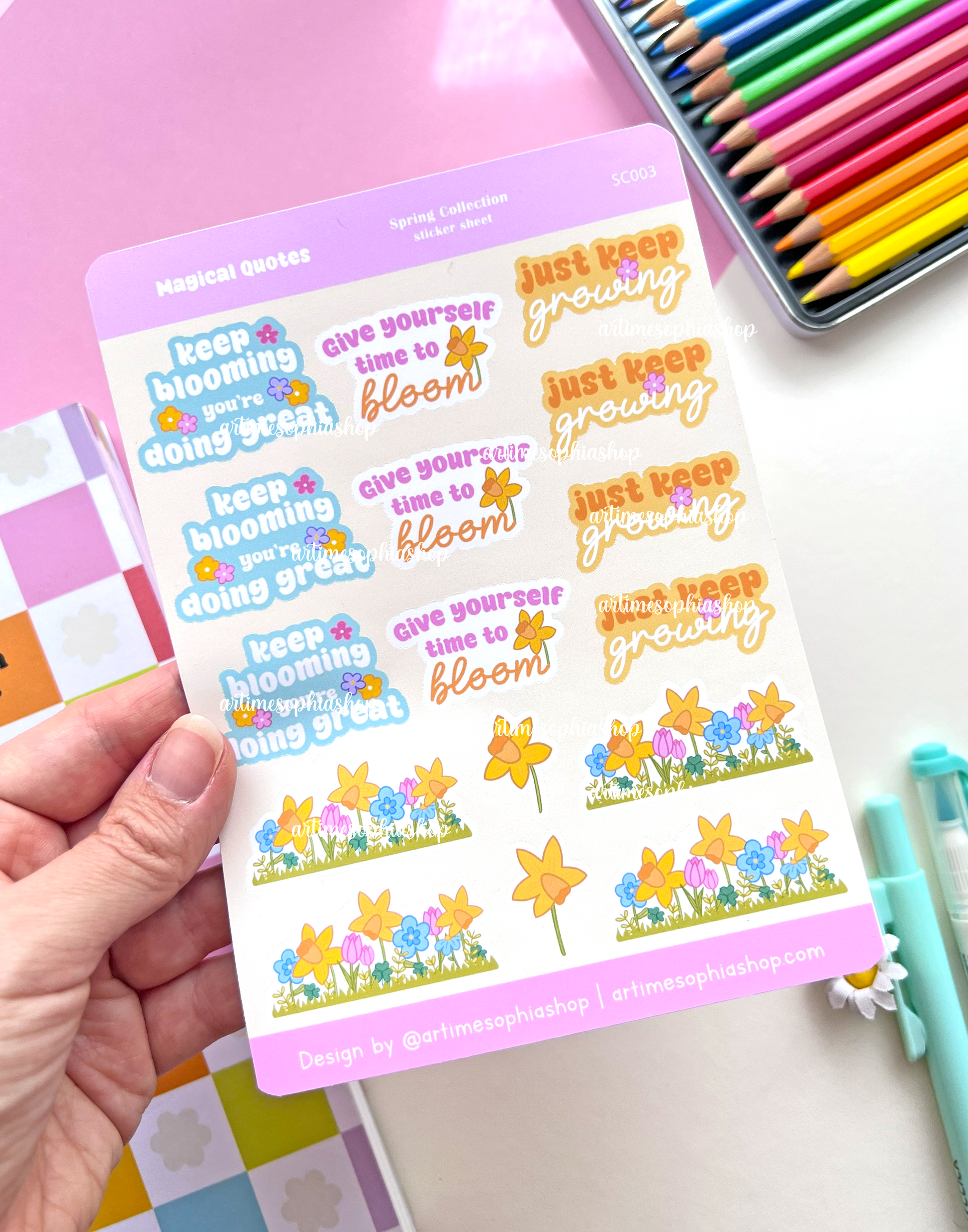 Close-up of groovy style planner stickers with floral details