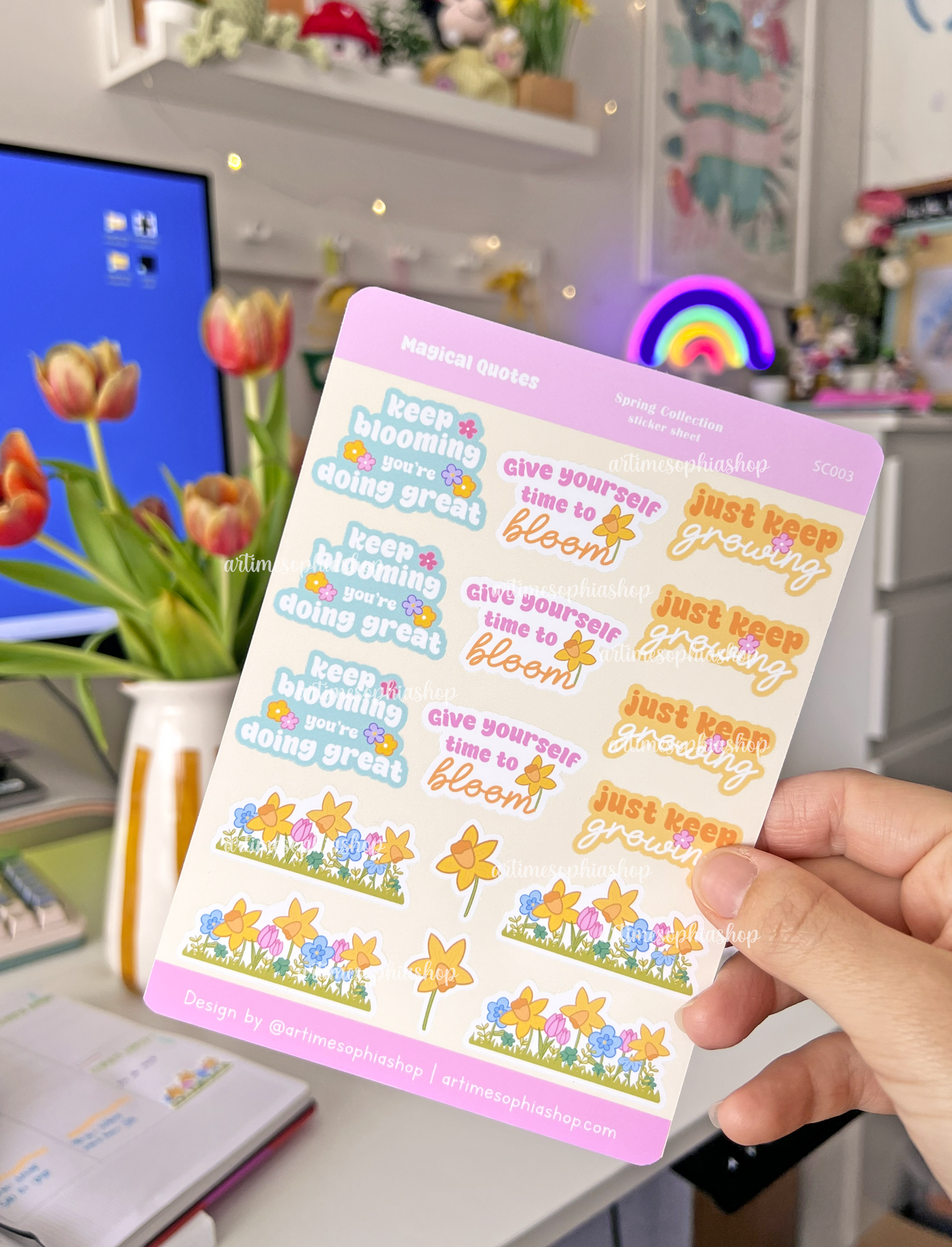 Close-up of groovy style planner stickers with floral details