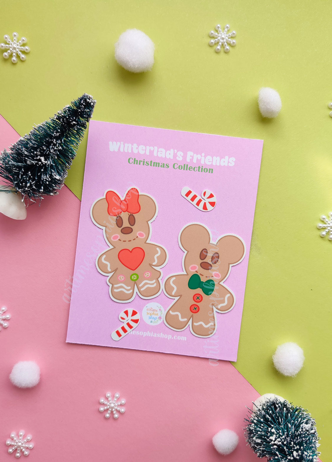 Festive sticker pack with gingerbread-style Mickey and Minnie illustrations, featuring warm Christmas colors and holiday baking charm.