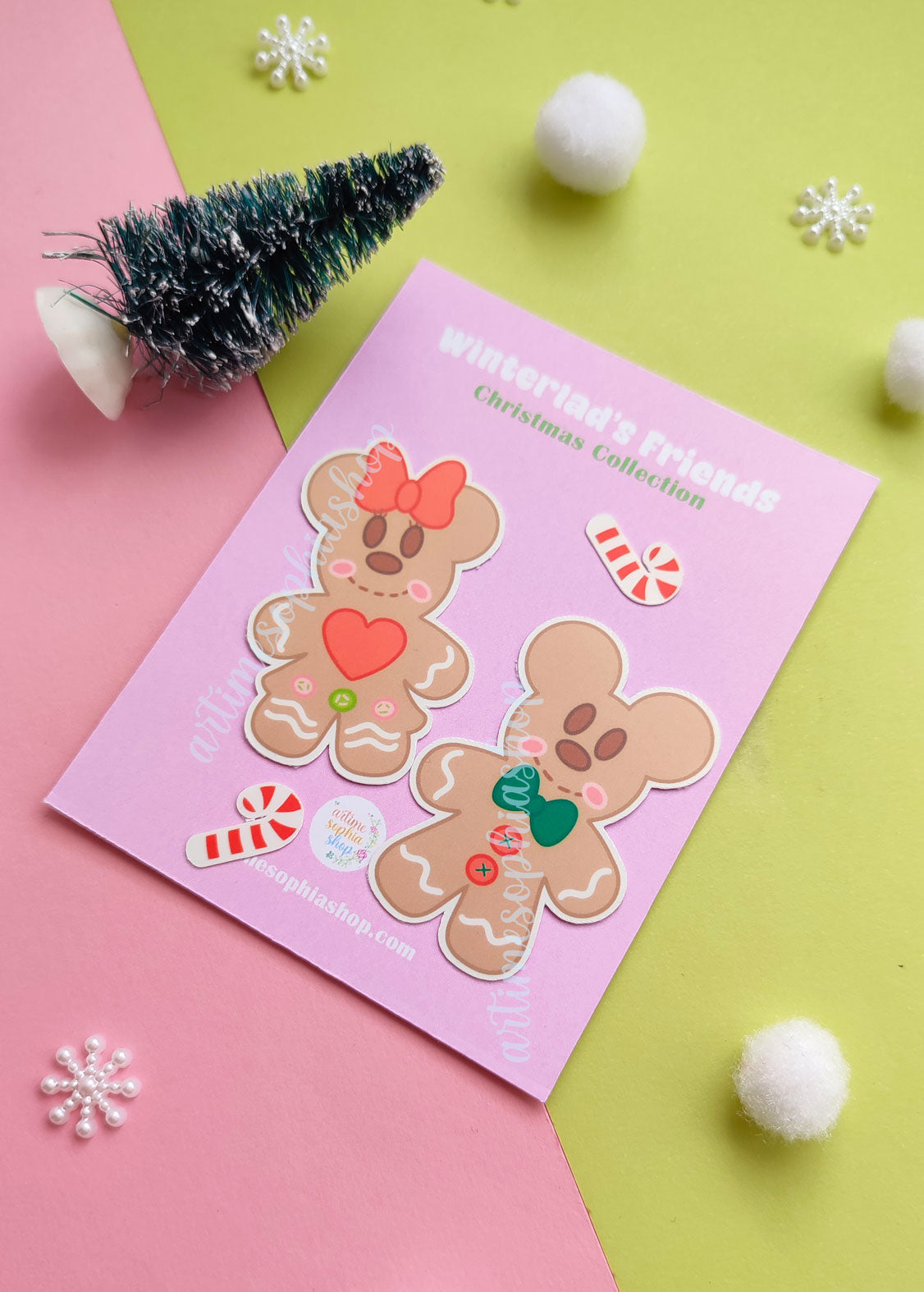 Festive sticker pack with gingerbread-style Mickey and Minnie illustrations, featuring warm Christmas colors and holiday baking charm.