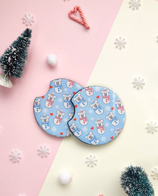 Set of two round car coasters with snowman-style Mickey and Minnie, featuring a festive winter design with soft snowy colors.