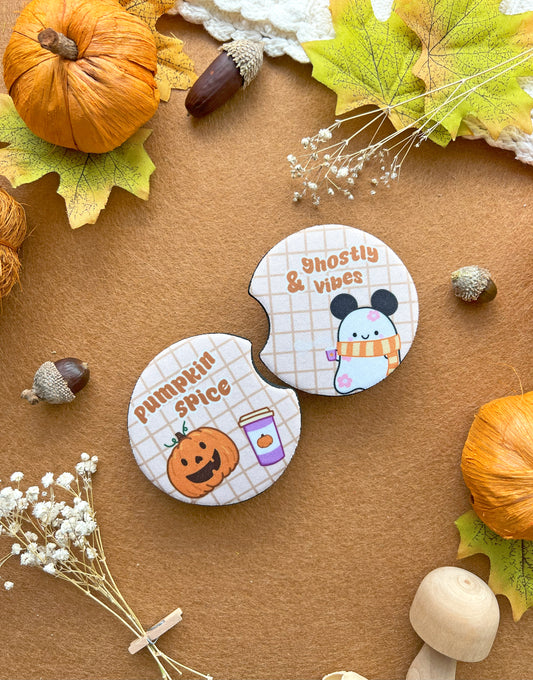Pumpkin Spice & Ghostly Vibes – Car Coasters (Set of 2)