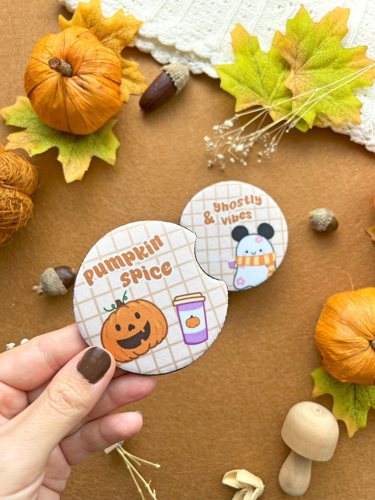 Pumpkin Spice & Ghostly Vibes – Car Coasters (Set of 2)