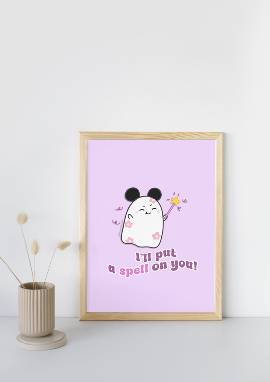 Halloween art print featuring Daisyboo the ghost with the phrase “I’ll put a spell on you!” in a colorful, pastel Halloween setting, designed in a fun and whimsical style.