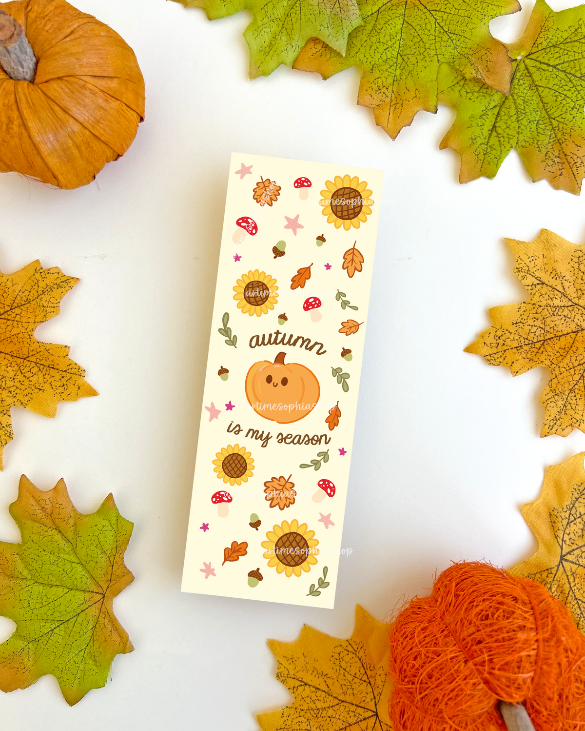 Autumn Is My Season bookmark with autumn leaves, pumpkin and seasonal illustration