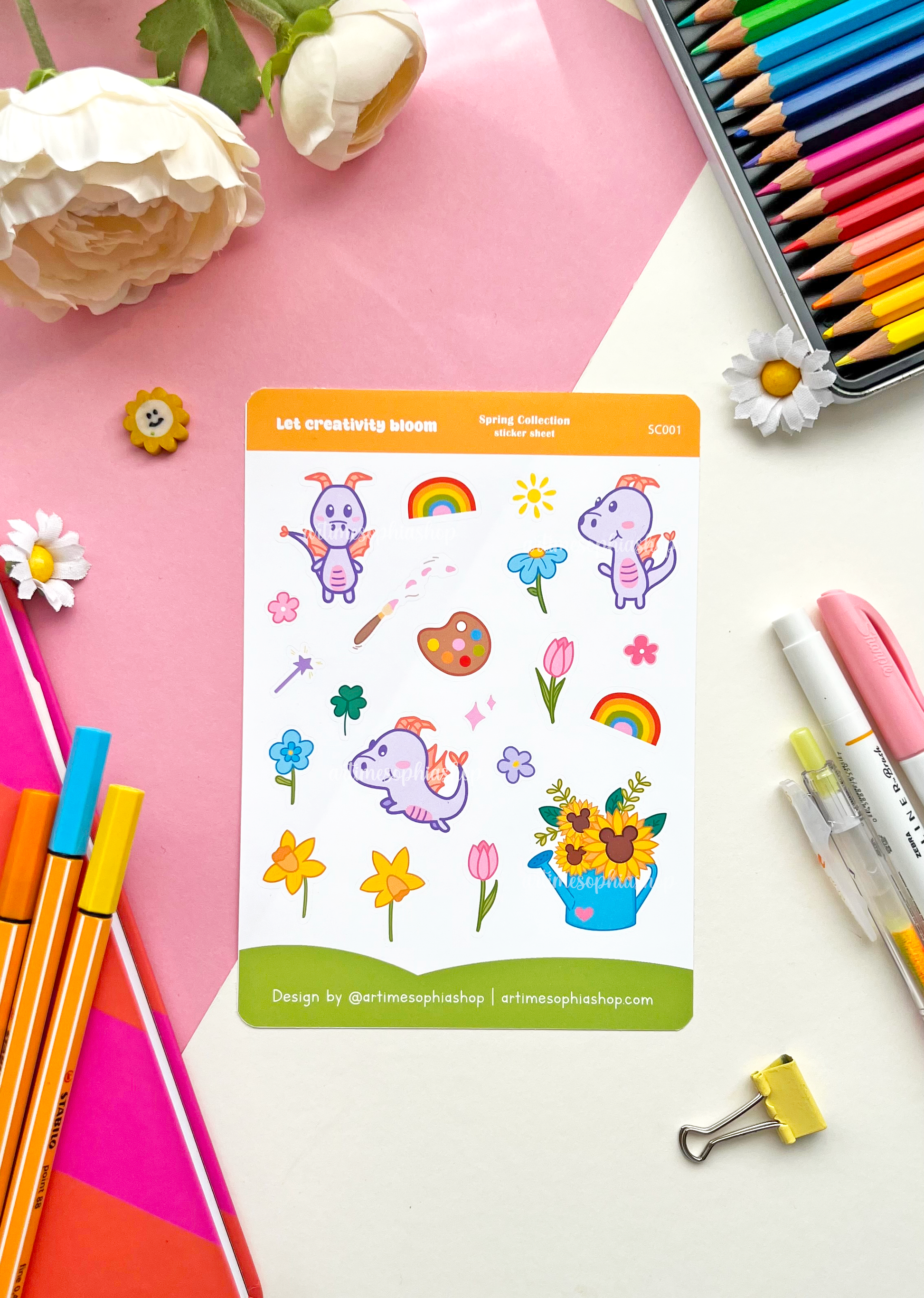 A colourful sticker sheet featuring Figment the dragon, rainbows, flowers, and art-themed illustrations on waterproof matte vinyl paper.