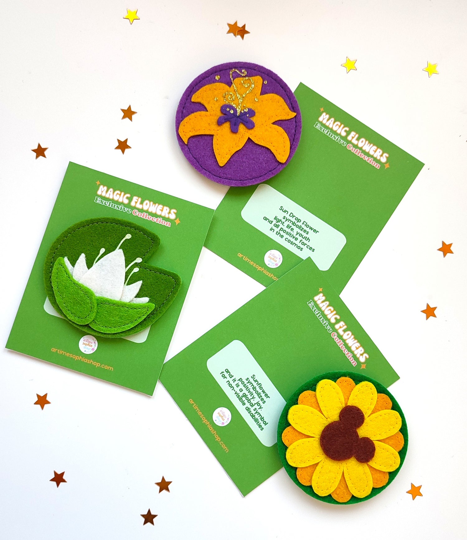 A collection of handmade felt flower accessories inspired by Disney characters — including Mulan’s magnolia, Rapunzel’s sun drop flower, Tiana’s lily pad, a sunflower, and a daisy. Shown styled as keychains, magnets, pins, and hair clips — perfect for Disney Bounds, gifts, or floral decor.