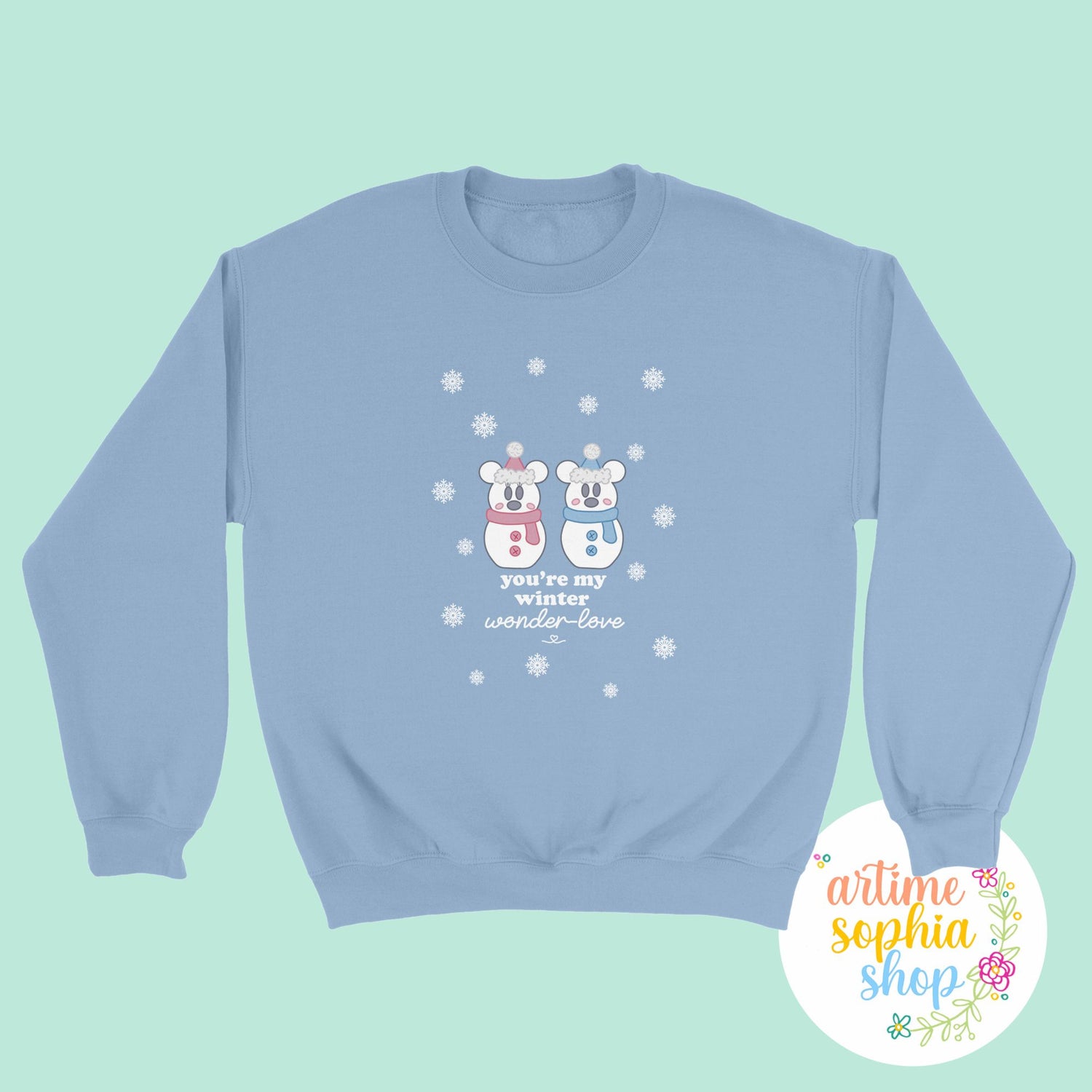 Cozy unisex winter sweatshirt for couples and snowy climates. Featuring Mickey and Minnie snowmice with snowflakes. Perfect christmas gift for Disney lovers 