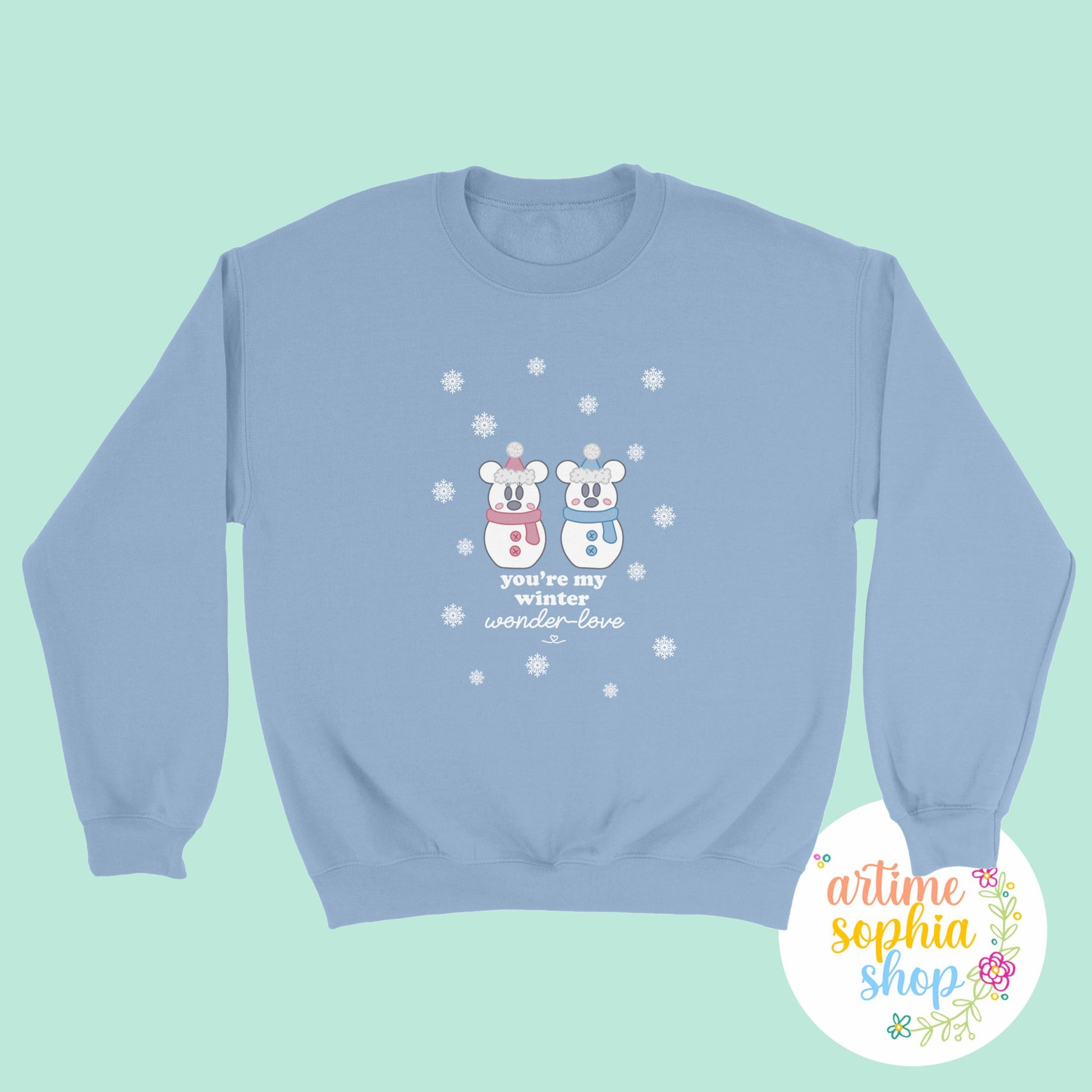 Cozy unisex winter sweatshirt for couples and snowy climates. Featuring Mickey and Minnie snowmice with snowflakes. Perfect christmas gift for Disney lovers 