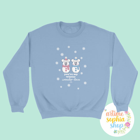Cozy unisex winter sweatshirt for couples and snowy climates. Featuring Mickey and Minnie snowmice with snowflakes. Perfect christmas gift for Disney lovers 