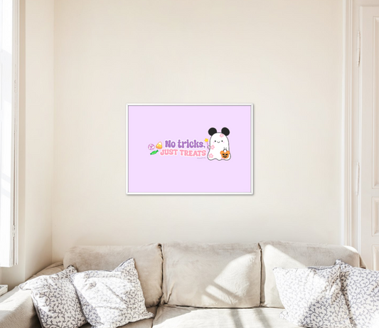 Halloween-themed art print featuring Daisyboo the ghost holding a candy bucket with the phrase “No tricks, just treats” in bold, colourful lettering, surrounded by cute spooky details.