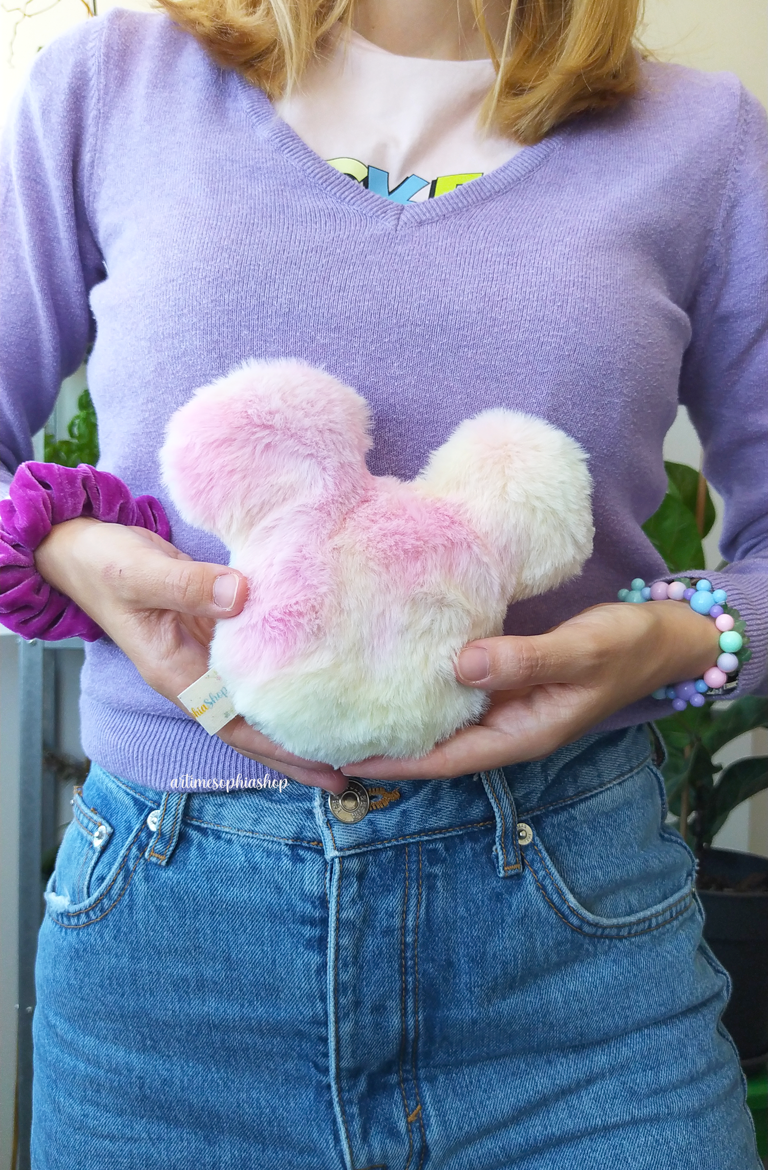 Handmade pastel rainbow Mickey head plush pillow — soft, fluffy and perfect as a decorative cushion for Disney fans.