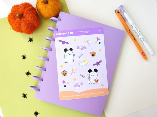 Halloween-themed A6 sticker sheet featuring Daisyboo the ghost and Pip the bat, with colorful, spooky-cute designs printed on matte premium paper.