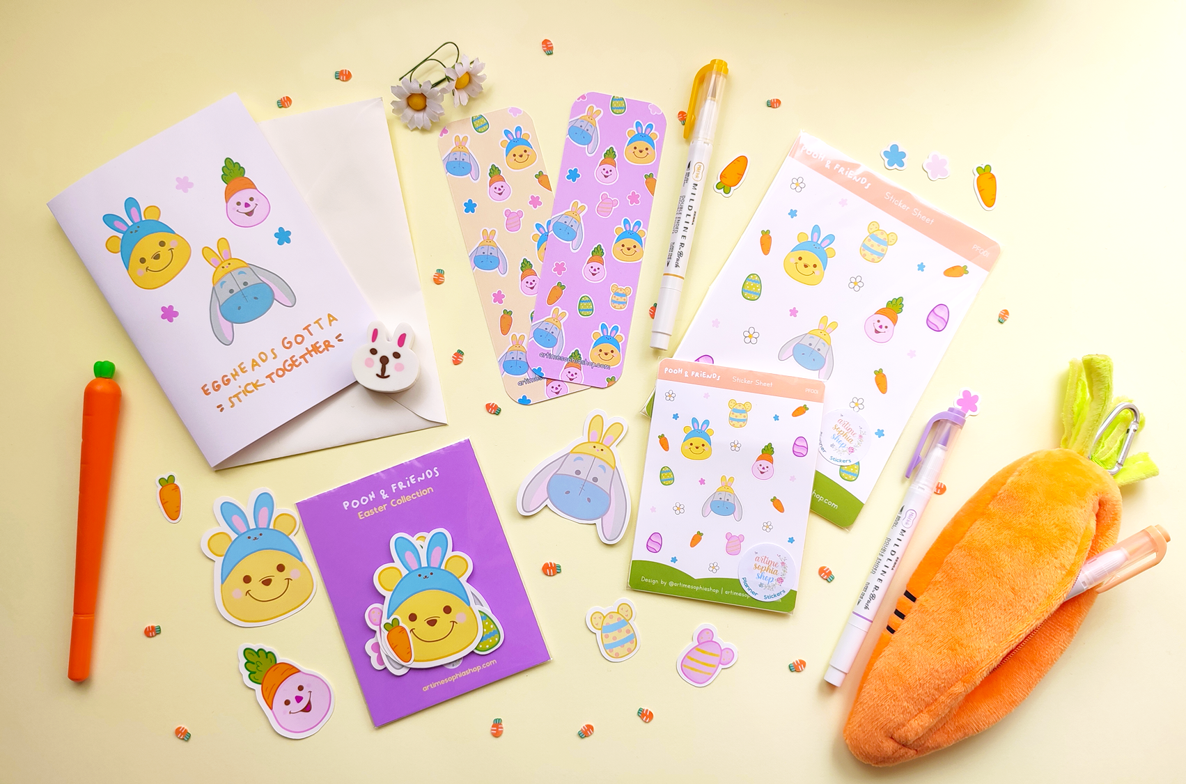 Double-sided Easter bookmark featuring Winnie the Pooh, Piglet, and Eeyore surrounded by spring elements. A gentle reminder to take a break from screens and enjoy reading.