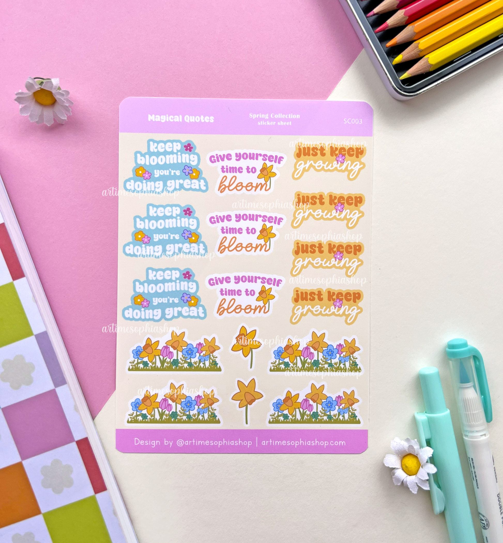 Groovy floral sticker sheet with positive motivational quotes
