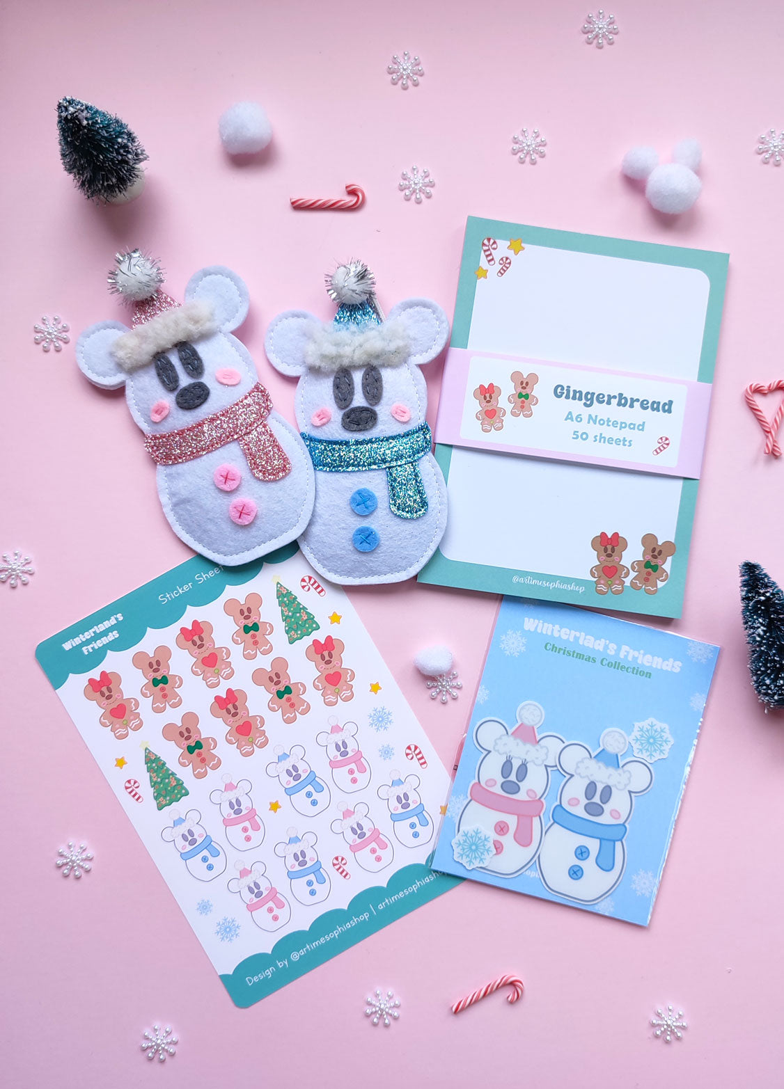Christmas gift bundle featuring Snowmice Mickey & Minnie felt ornaments, holiday-themed notepad, and two festive sticker sets with cozy winter designs.