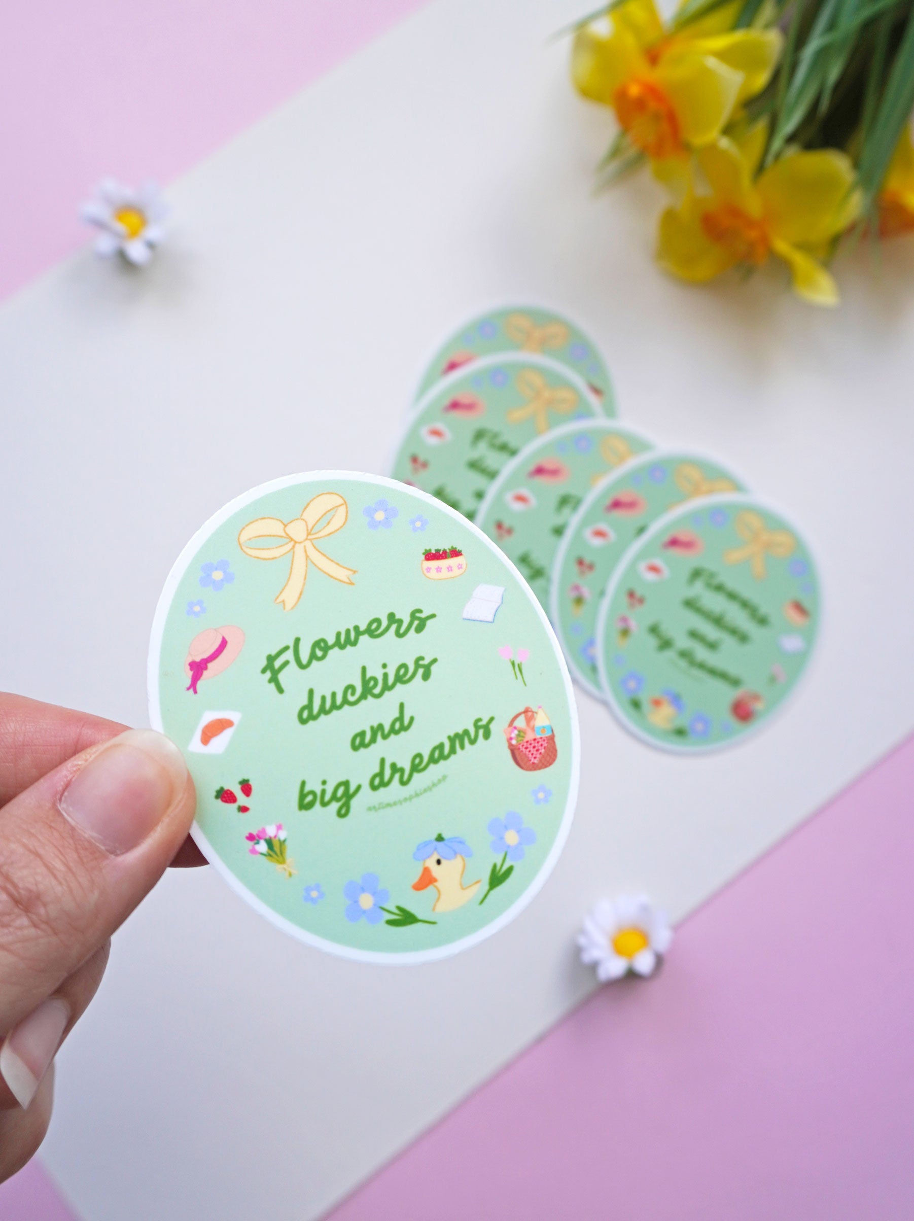 Flowers Duckies and Big Dreams vinyl sticker with whimsical garden artwork