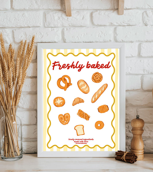llustrated bakery-themed art print featuring hand-drawn breads and pastries with the phrase "Freshly Baked" on a yellow striped background.