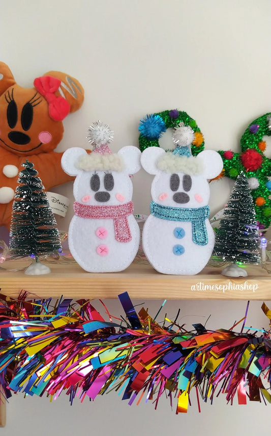 Mickey and Minnie Pastel Glitter Snowman Ornament, Christmas Tree stocking